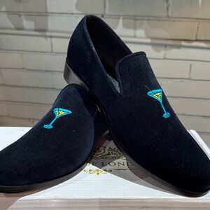 Men's Bown Of London Blue Velvet Loafers with Embroidered Design Cocktail Design